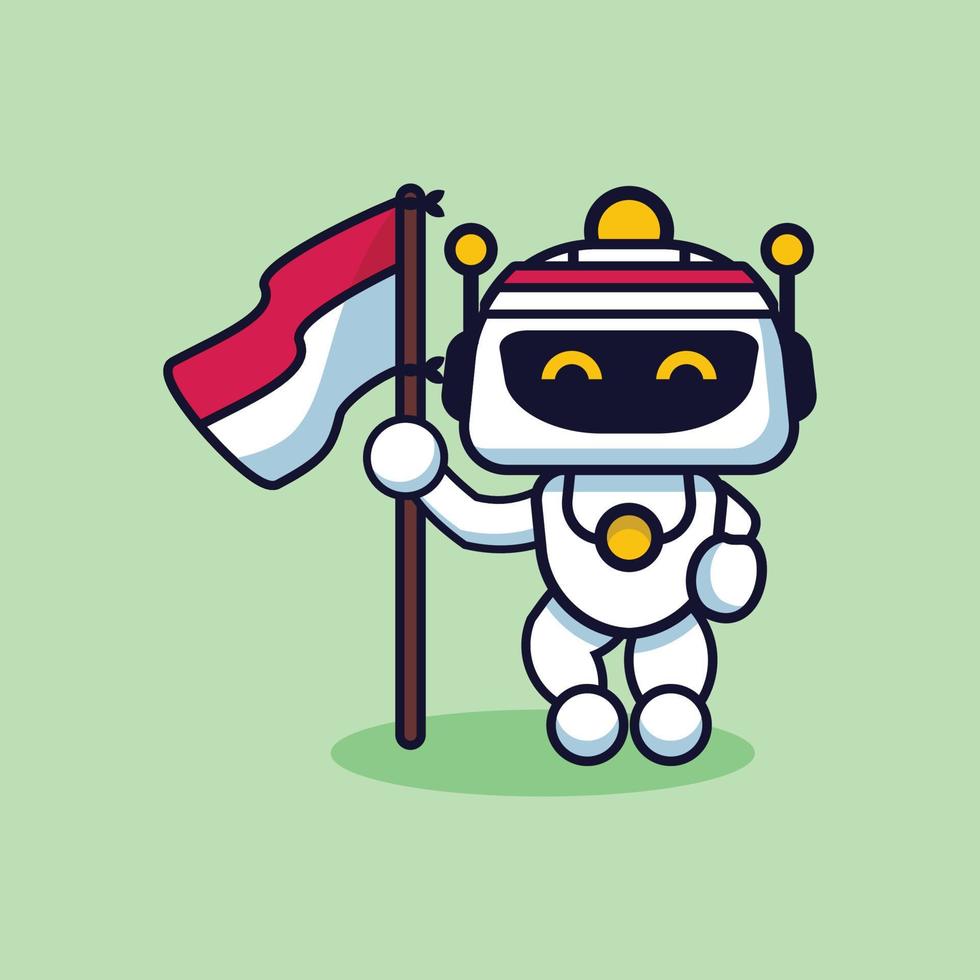 Vector illustration of cute robot holding Indonesian red and white flag for independence icon