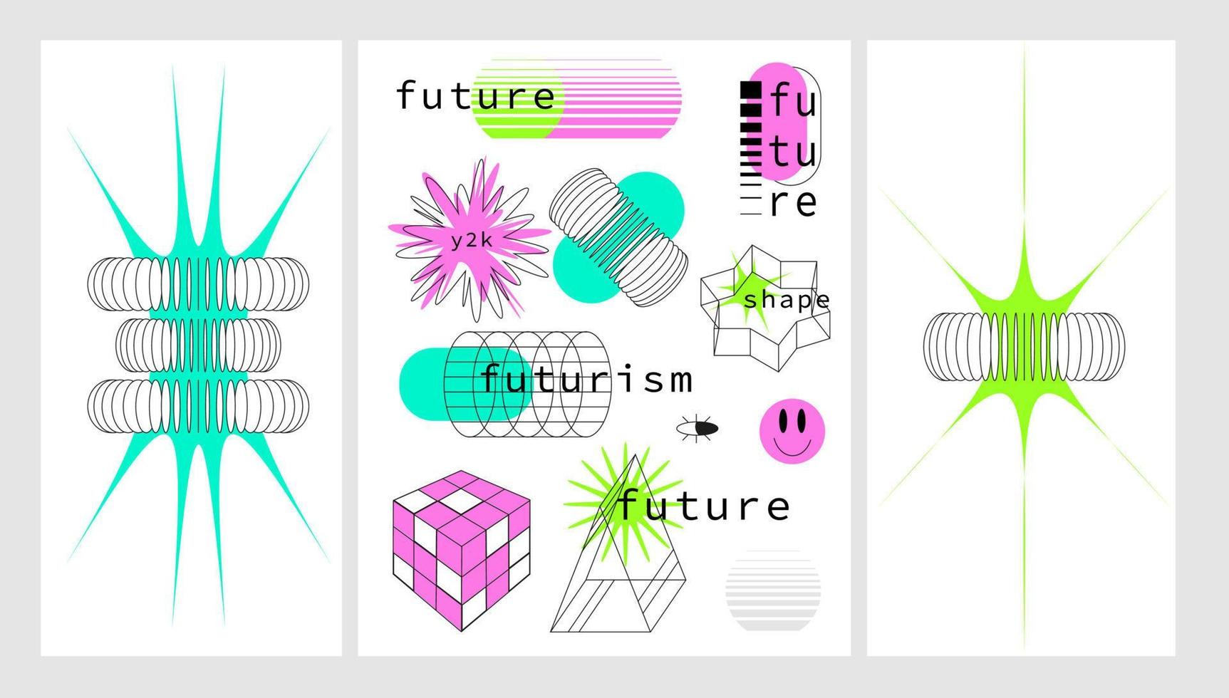 un conjunto extraño warframe futurismo 3d. formas geométricas futuristas geométricas en estilo cyberpunk. objetos ácidos y2k vector