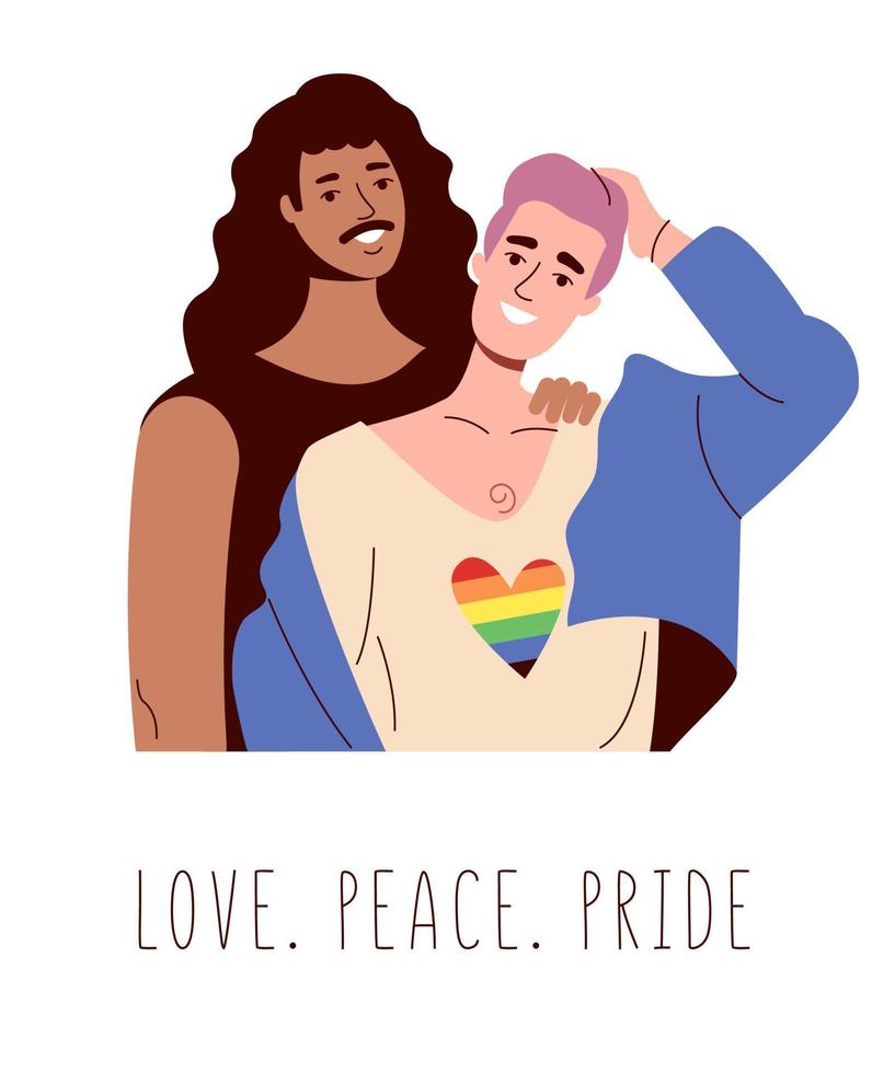 Two gay men smile and hug. Interracial lgbt, rainbow flag and love vector