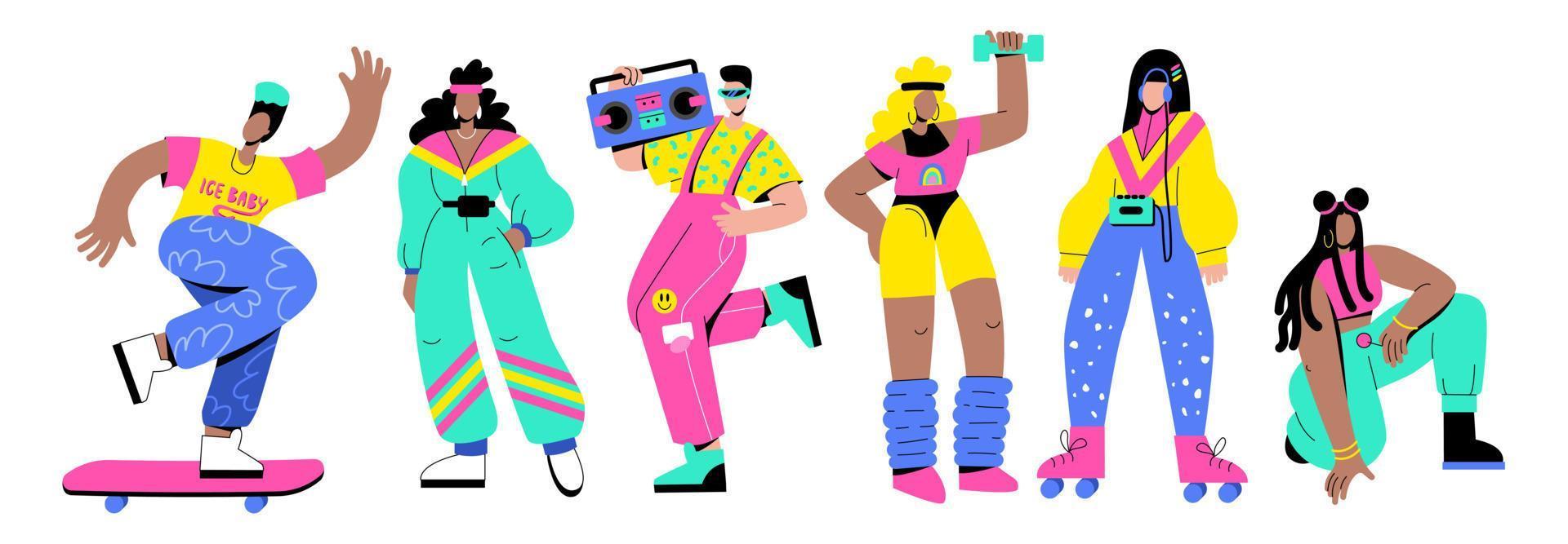 A set of fashionable retro people of the 90s, 80s. Women and men in bright clothes. Retro style party vector