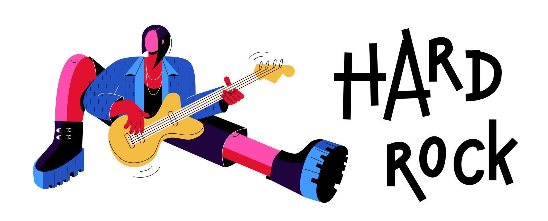 Musicians rocker plays guitar. Lettering is the King of rock. Punk in big boots on a white background vector