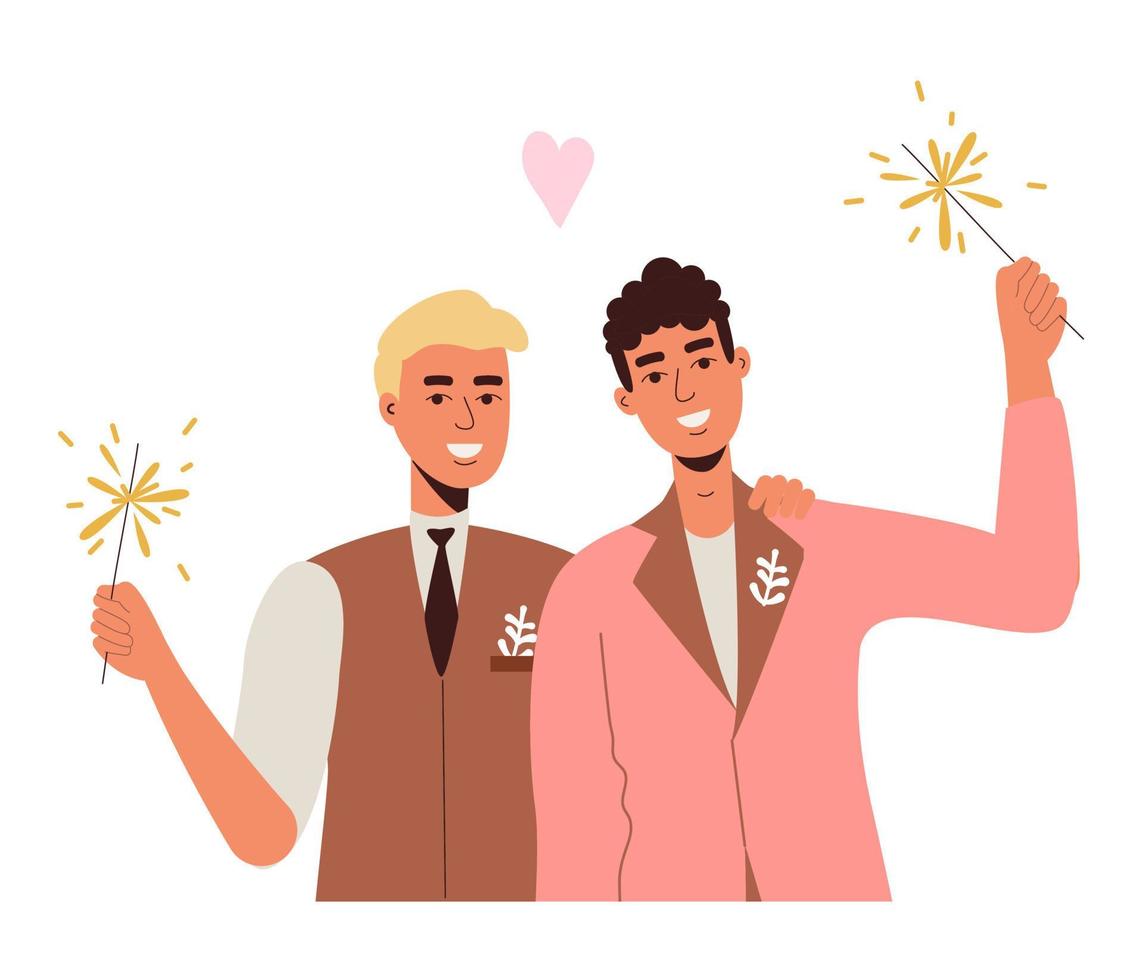 dos amantes homosexuales. boda lgbt hermosos chicos con flores con bengalas en esmóquines vector