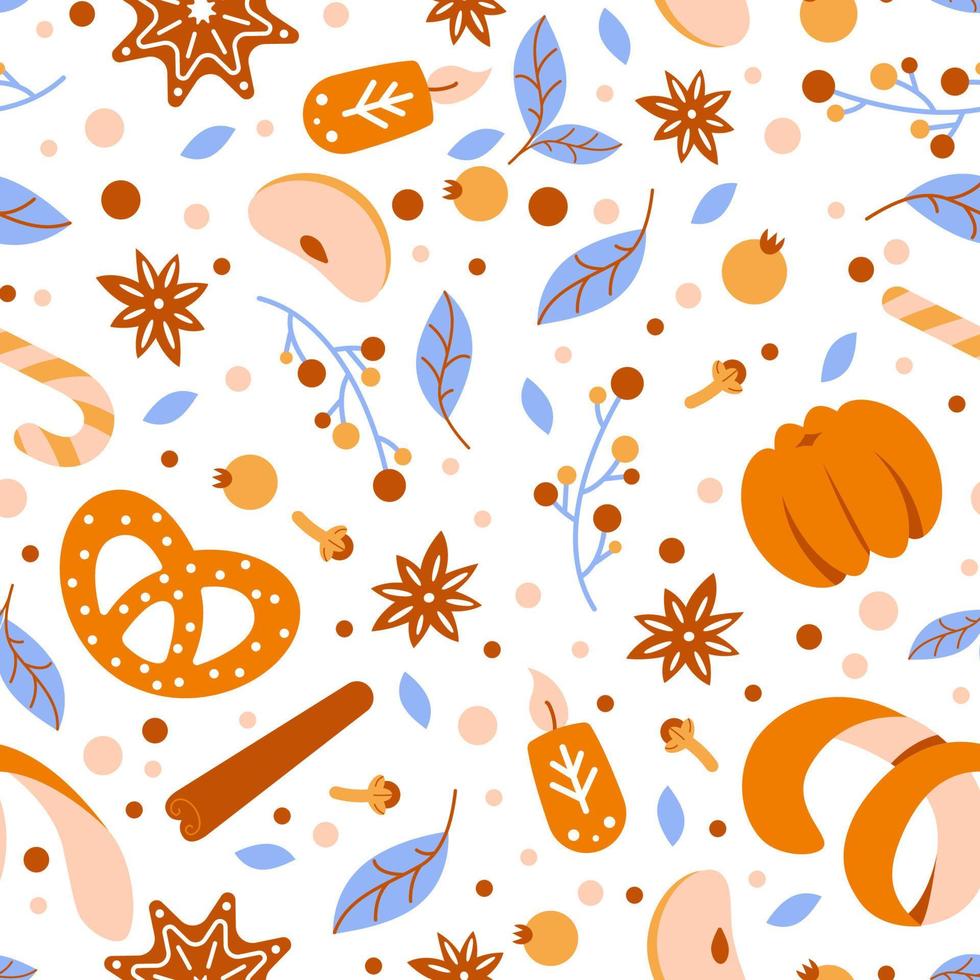 patrón de Navidad sin costuras. fondo de temporada de invierno con mandarinas y galletas de jengibre. textil, estampado, tela vector