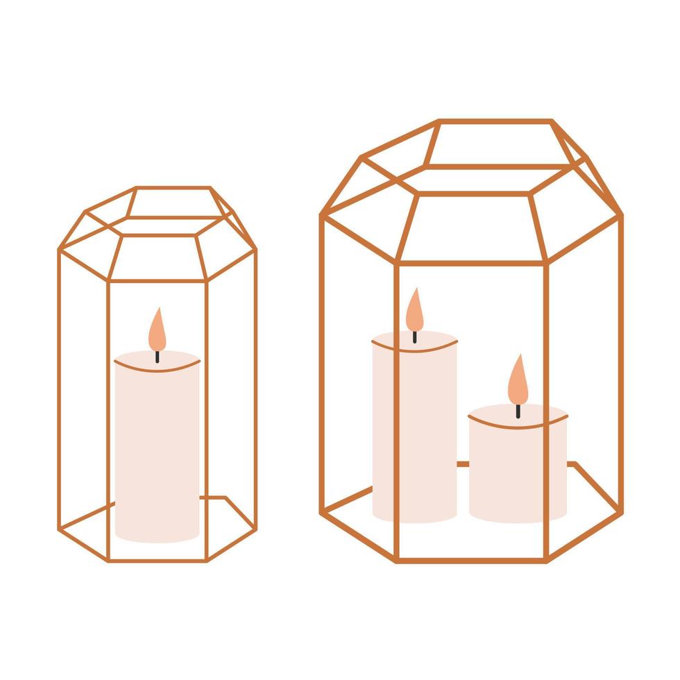 Golden flashlight for a wedding. Tiffany metal and glass vase. Candle and cozy.  Flame Light vector