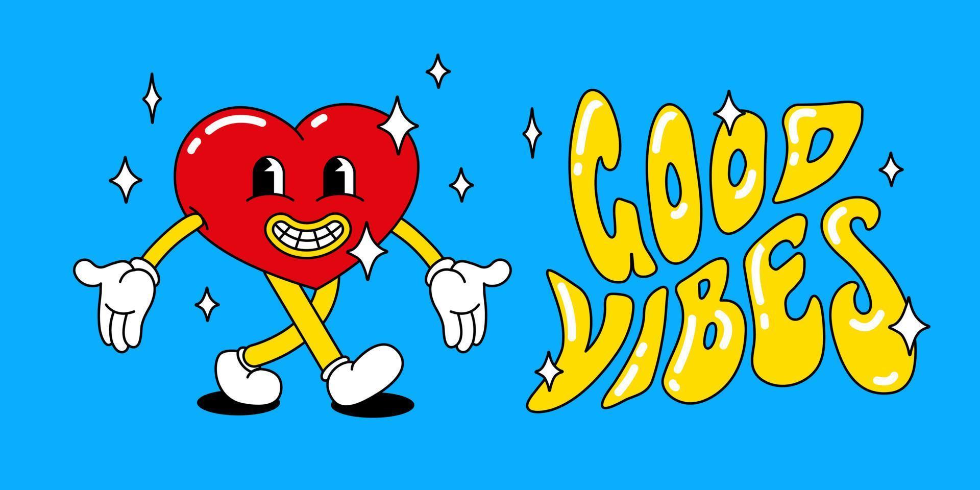 Cartoon character heart with arms and legs walks and smiles. Peace and love, good vibes retro banner vector