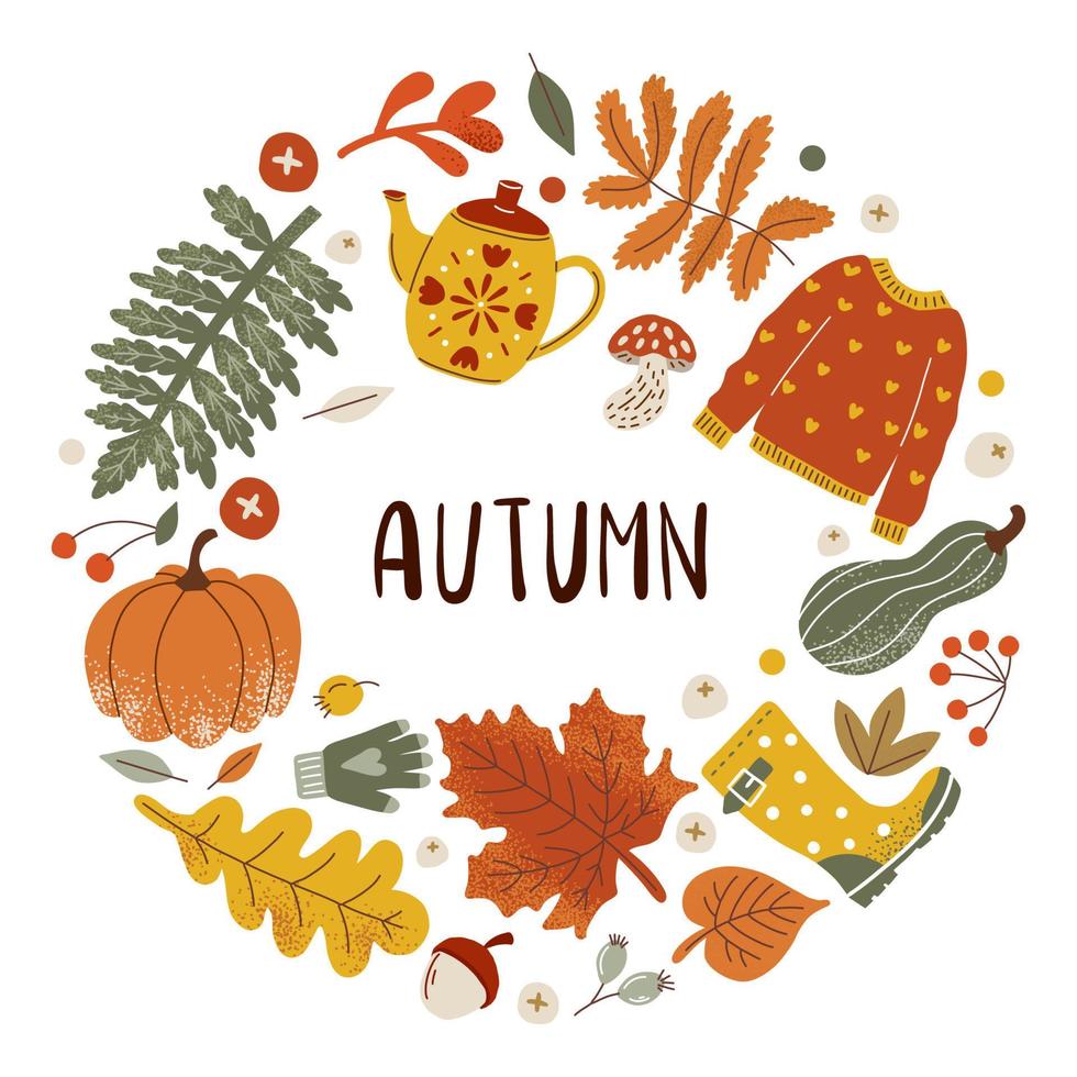 juego de pegatinas acogedoras de otoño con letras. calabaza, suéter, cosecha, hojas amarillas, caída de hojas, botas, bellota, champiñón sobre un fondo blanco vector