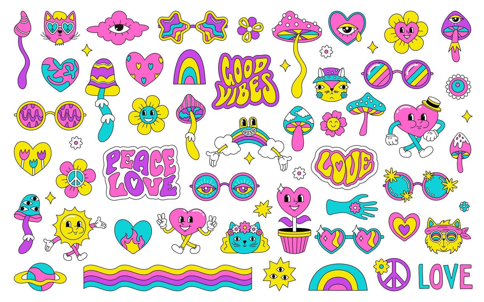A set of bright children's stickers in the hippie style of the 60s, 70s. Psychedelic acid drawings. Girl patches vector