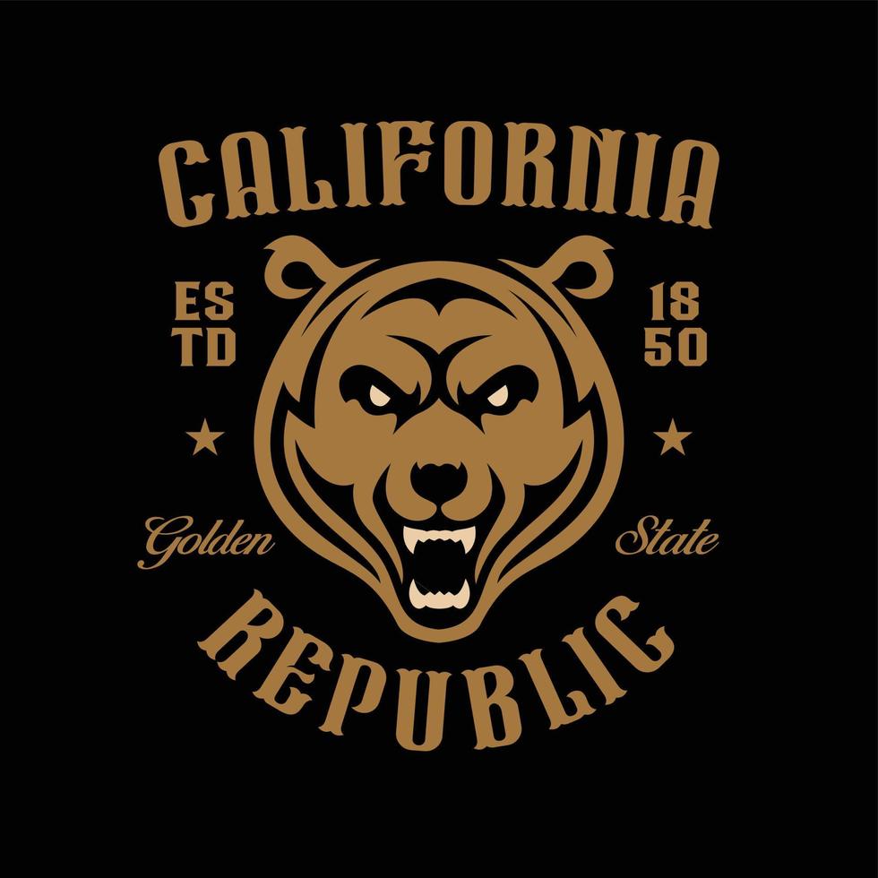 California republic design grizzly bear head. Hand drawn graphics for prints, posters, stickers. Golden state typography. Vector vintage illustration. - Vector