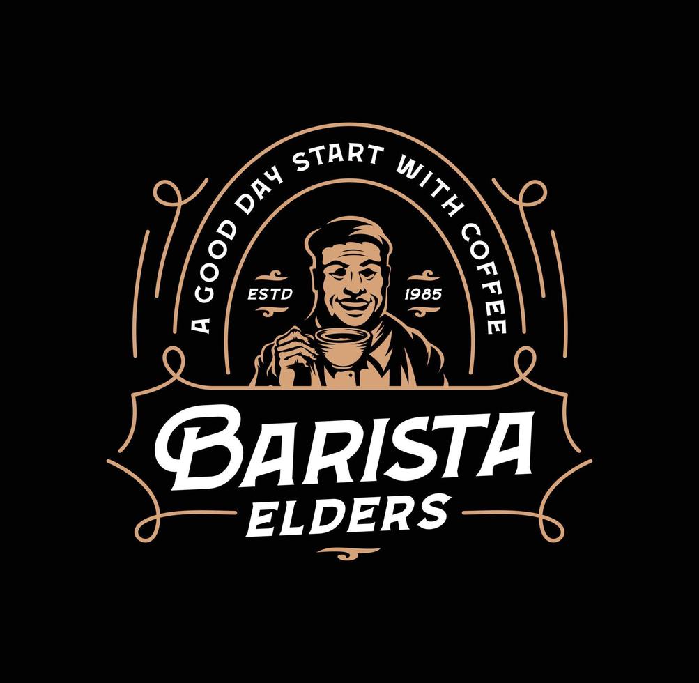 Coffee badge logo with old man drinking coffee in vintage style vector