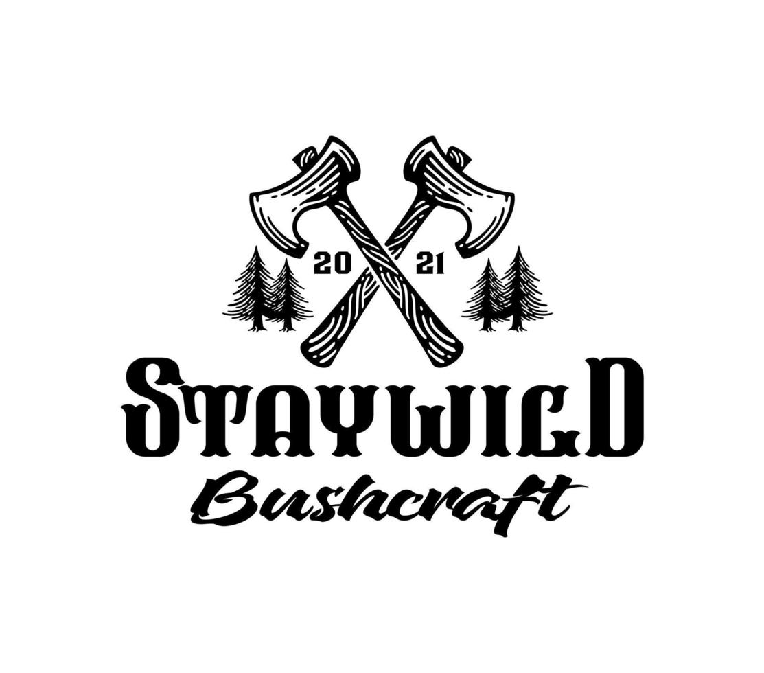 Monochrome vector emblem wooden axe and pines tree for camping