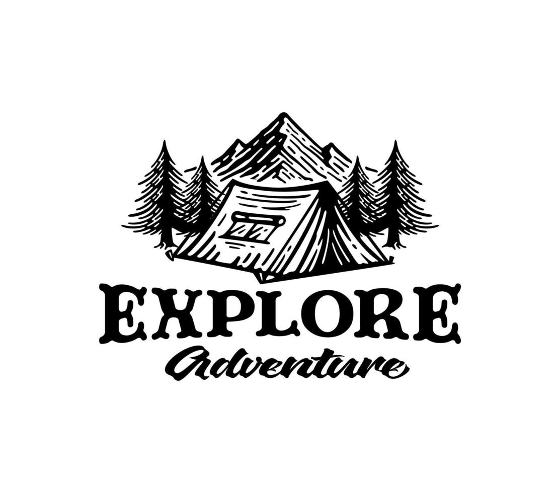 acampar y explorar el diseño del logotipo vintage de montaña, vector