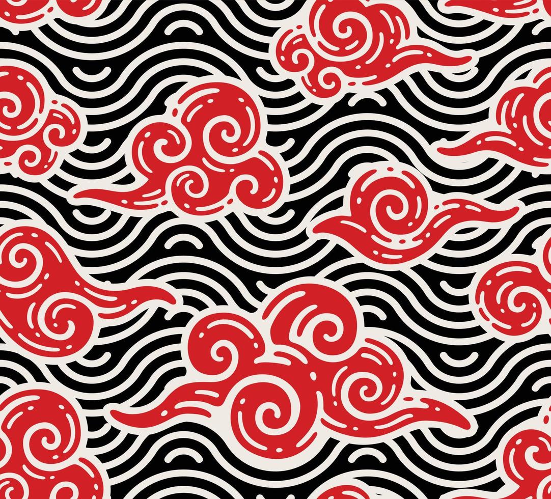 seamless pattern of red clouds with sea ornament in doodle vintage style vector