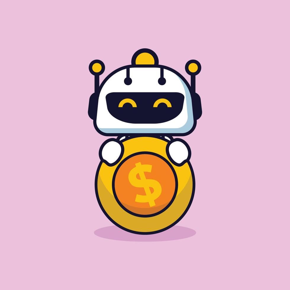 Vector cartoon illustration of cute robot holding money coin happily for business company mascot