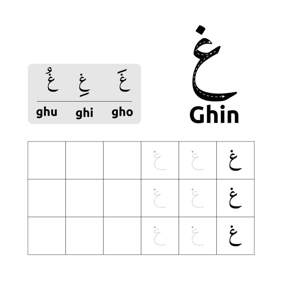 diseño vectorial de la hoja de trabajo del alfabeto árabe o letras árabes para que los niños aprendan a escribir vector