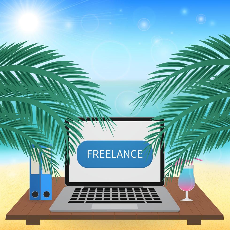 Freelance work vector illustration. Laptop and glass of cocktail on tropical beach. Distant office concept. Working on holidays. Easy to edit design template for your projects.