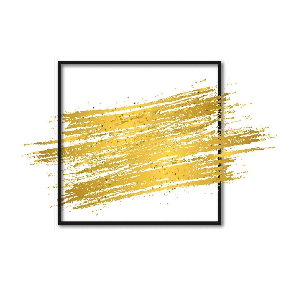 Gold brush stroke with sparkles in black square frame isolated on white. Modern abstract background. Metallic gradient paint texture. Creative vector template for your design projects.