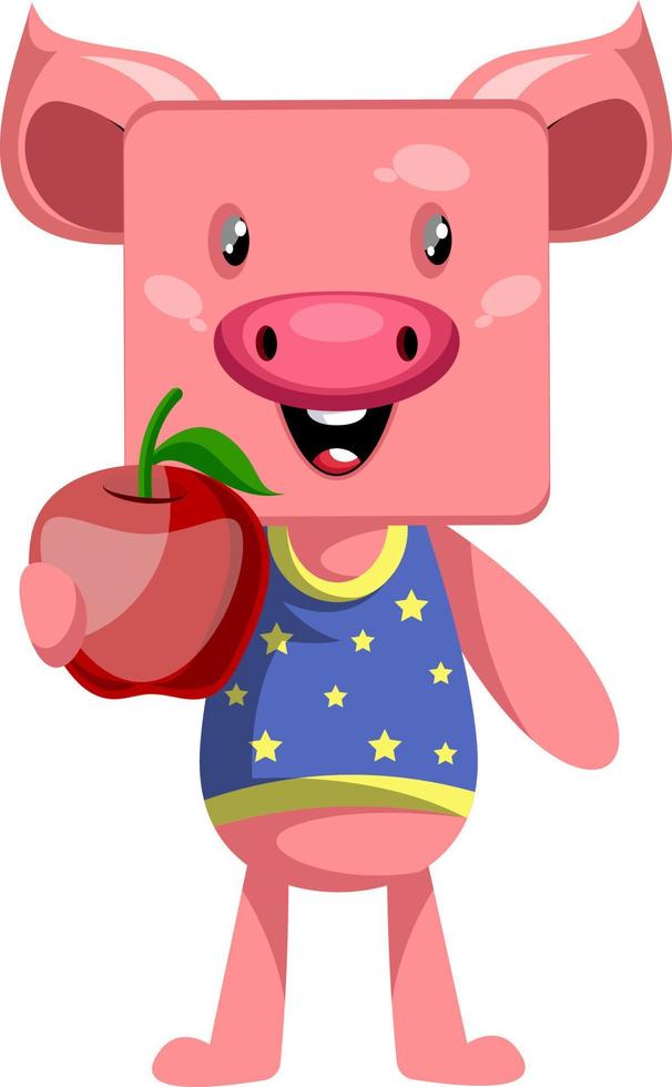 Pig with apple, illustration, vector on white background.