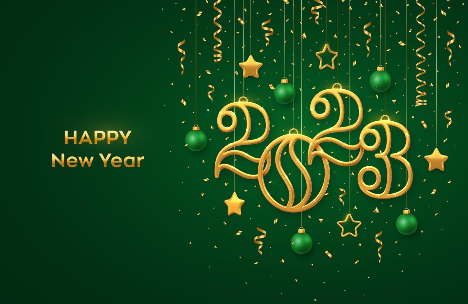 Happy New 2023 Year. Hanging Golden metallic numbers 2023 with shining 3D metallic stars, balls and confetti on green background. New Year greeting card, banner template. Realistic Vector illustration
