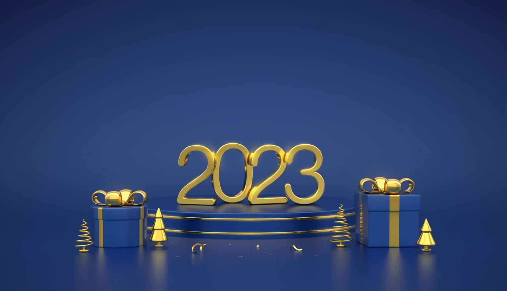 feliz año nuevo 2023. Números metálicos dorados 3d 2023 en el podio azul. escena, plataforma redonda con cajas de regalo y pino metálico dorado, abetos sobre fondo azul. ilustración vectorial vector