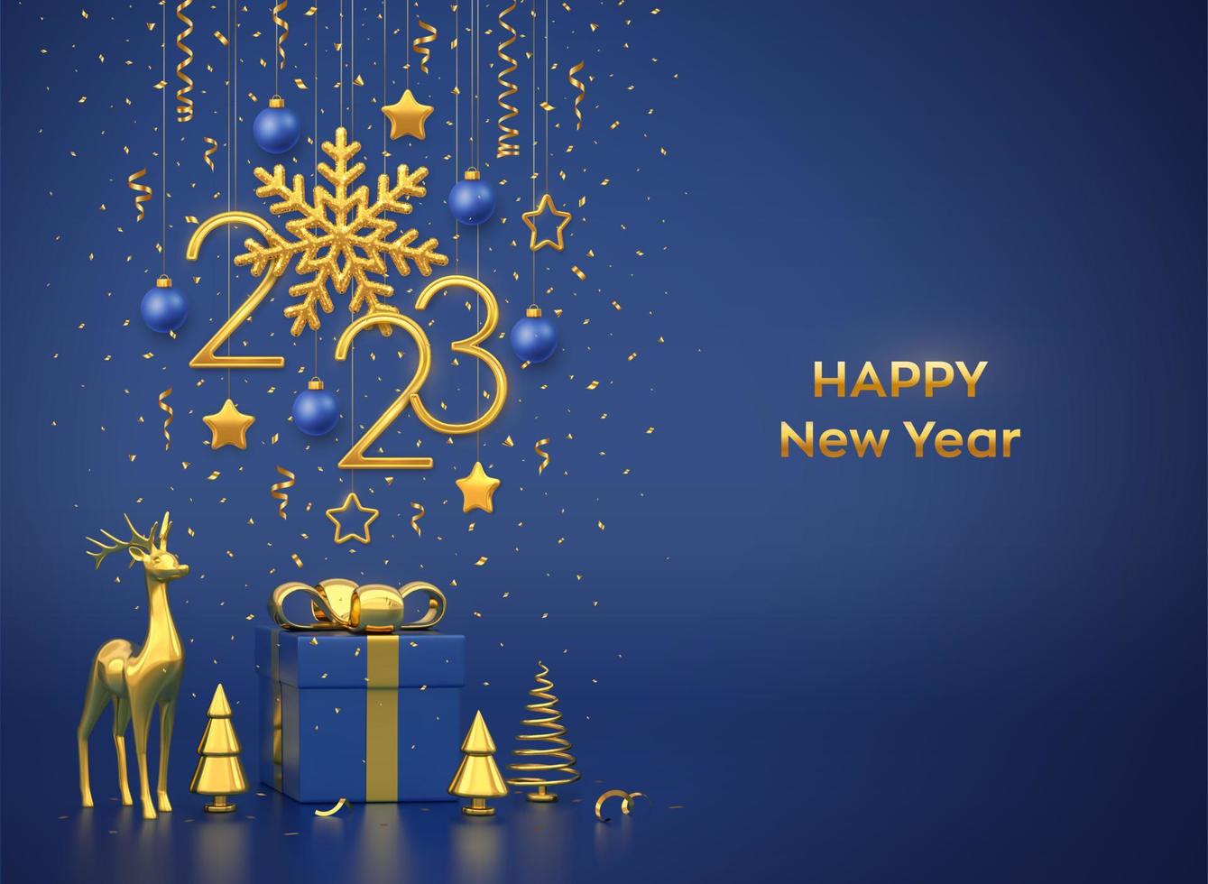 Happy New 2023 Year. Hanging golden metallic numbers 2023 with snowflake, stars, balls on blue background. Gift box, gold deer and metallic pine or fir, cone shape spruce trees. Vector illustration.