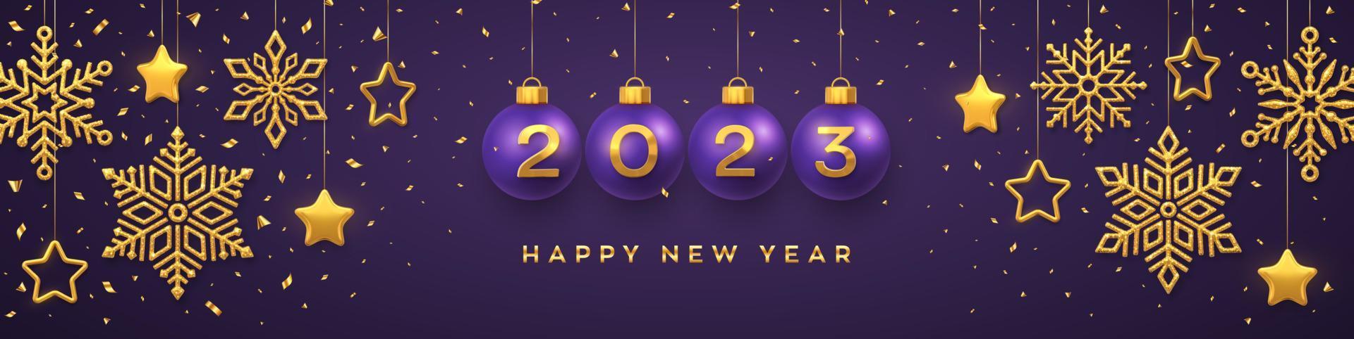 Happy New Year 2023. Hanging Purple Christmas bauble balls with realistic golden 3d numbers 2023. Golden snowflakes and 3D metallic stars on red background. Holiday banner, header. Vector Illustration