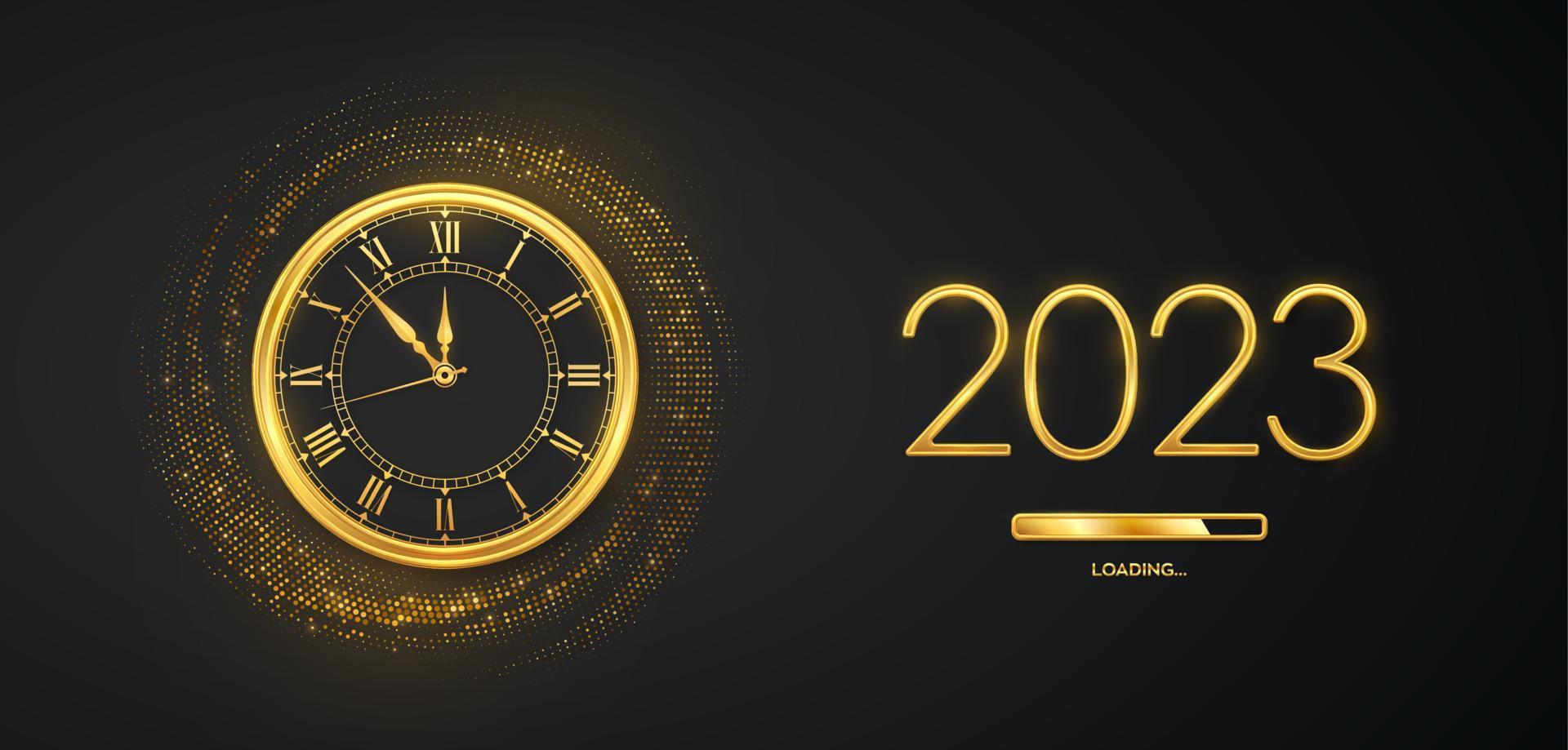 feliz año nuevo 2023. números metálicos dorados 2023, reloj dorado con