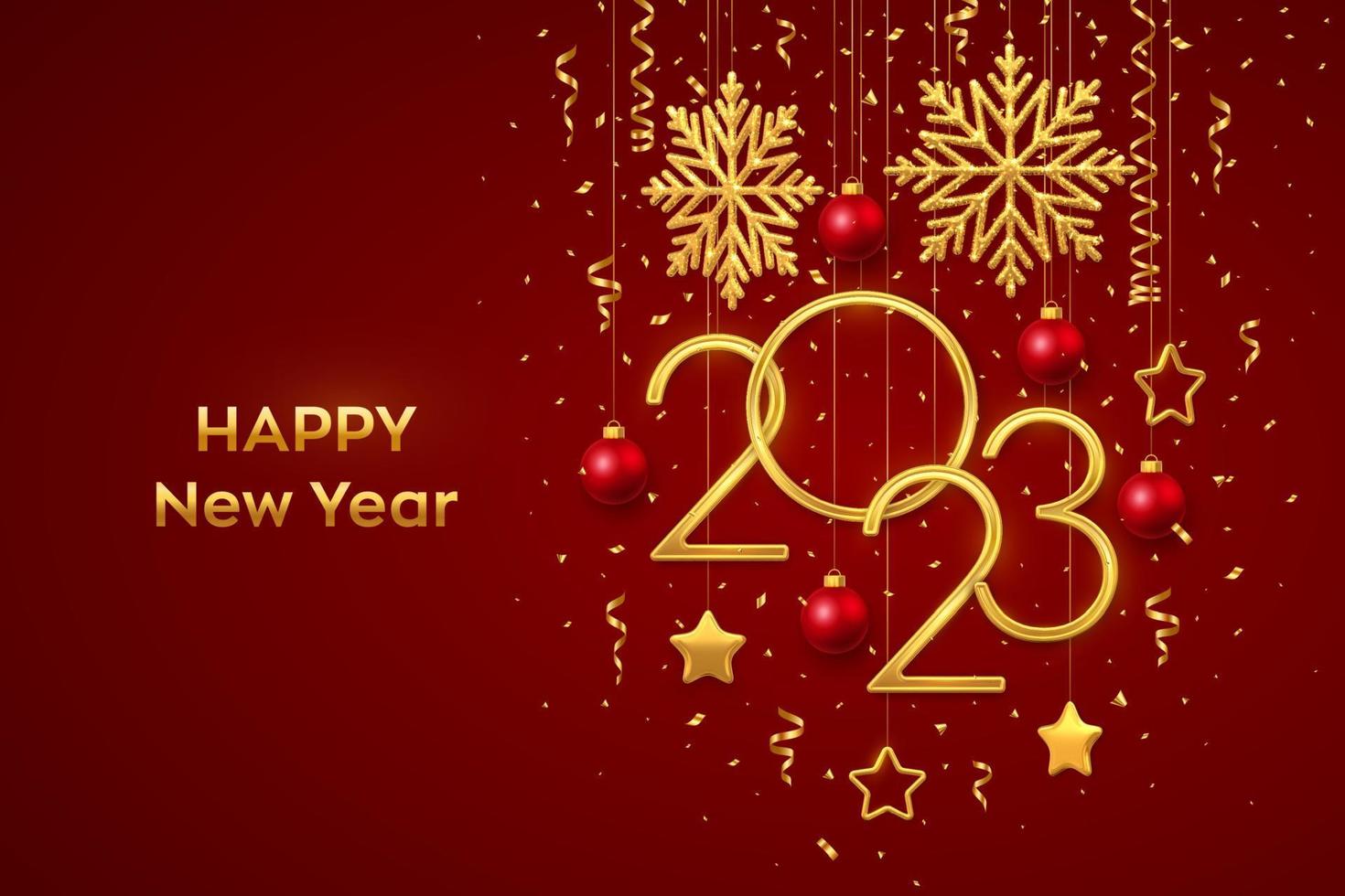 Happy New 2023 Year. Hanging Golden metallic numbers 2023 with shining snowflakes, 3D metallic stars, balls and confetti on red background. New Year greeting card or banner template. Vector. vector