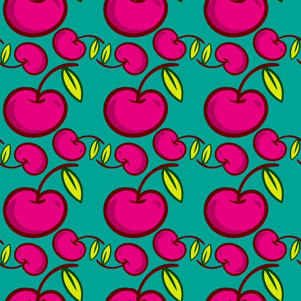 Cherries pattern, seamless pattern on green background. vector