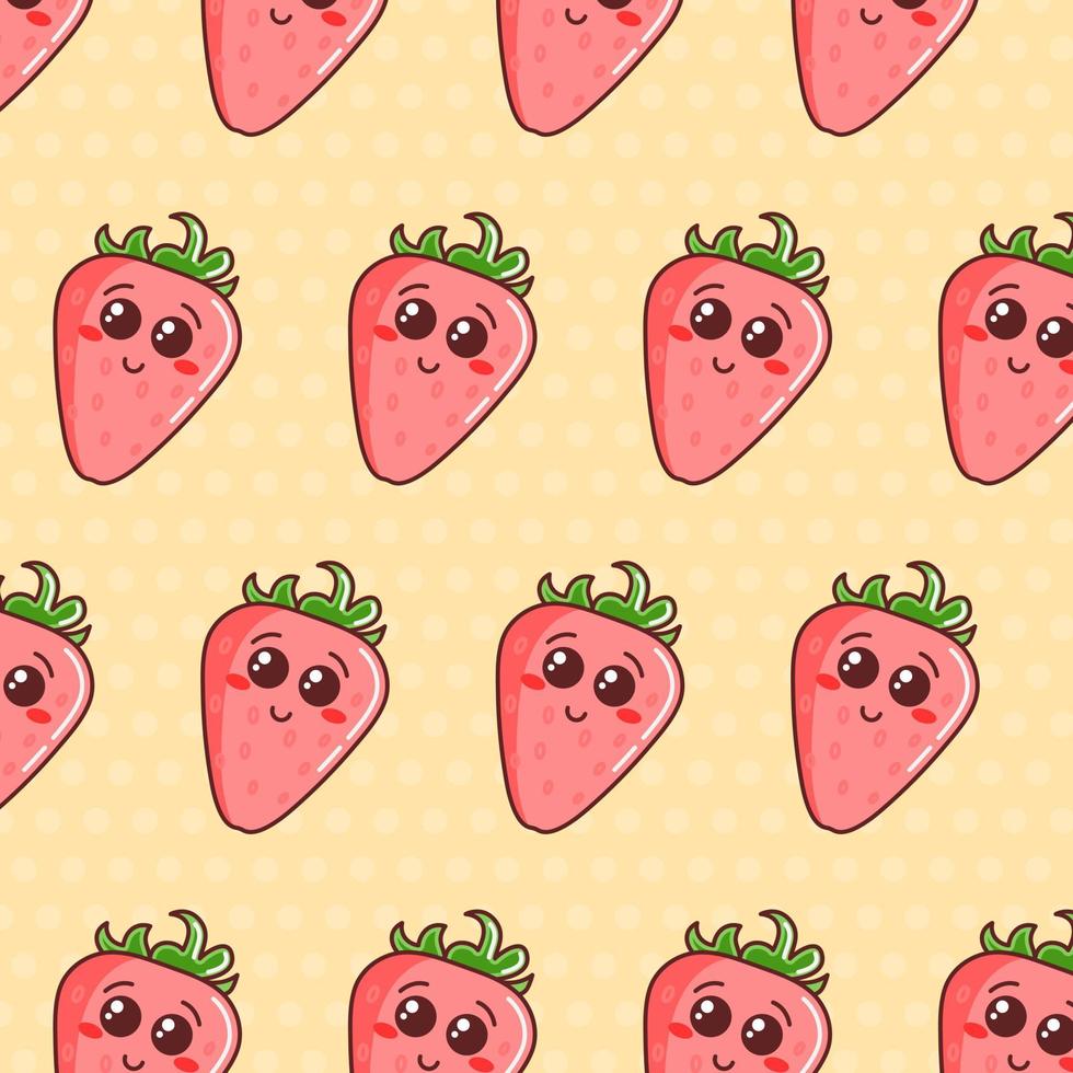 Seamless pattern with cute colorful Strawberries on polka dot background. Cartoon Strawberries design for paper, cover, fabric, interior decor and other users. Vector illustration