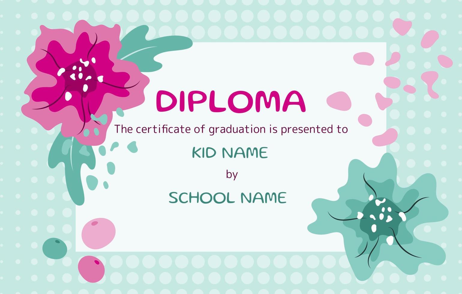 linda plantilla de diploma para niños con flores y bayas. diploma certificado. plantilla floral de dibujo a mano. vector