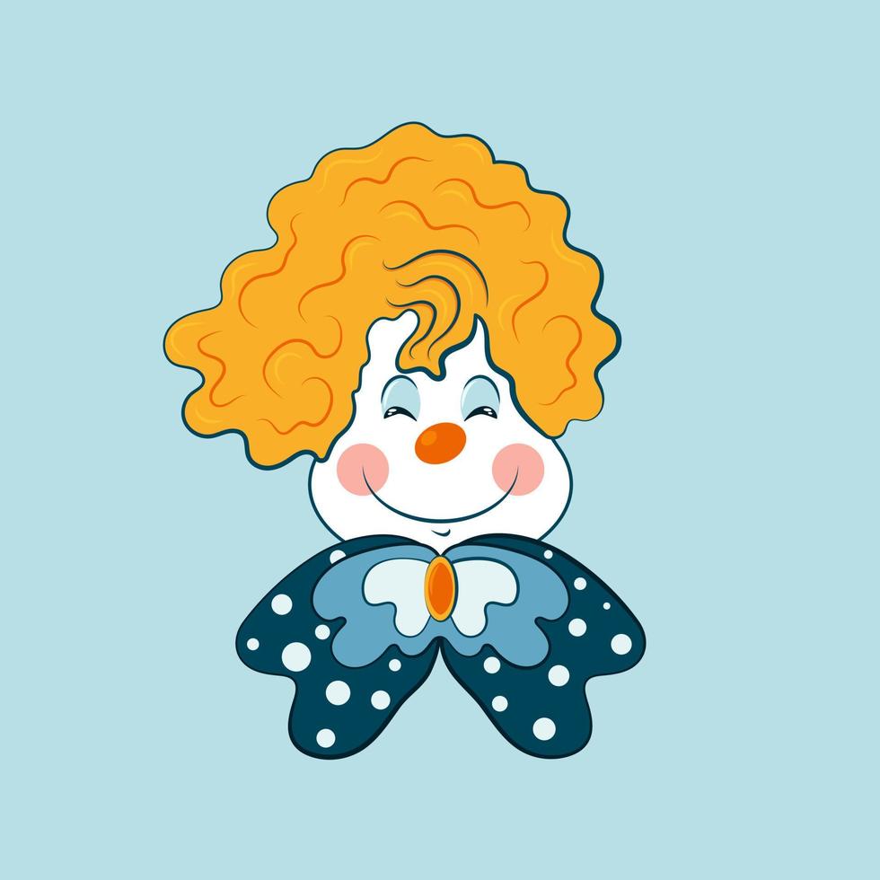 Funny Cartoon Clown with a big bow on Blue background. Design concept for any use. Vector illustration