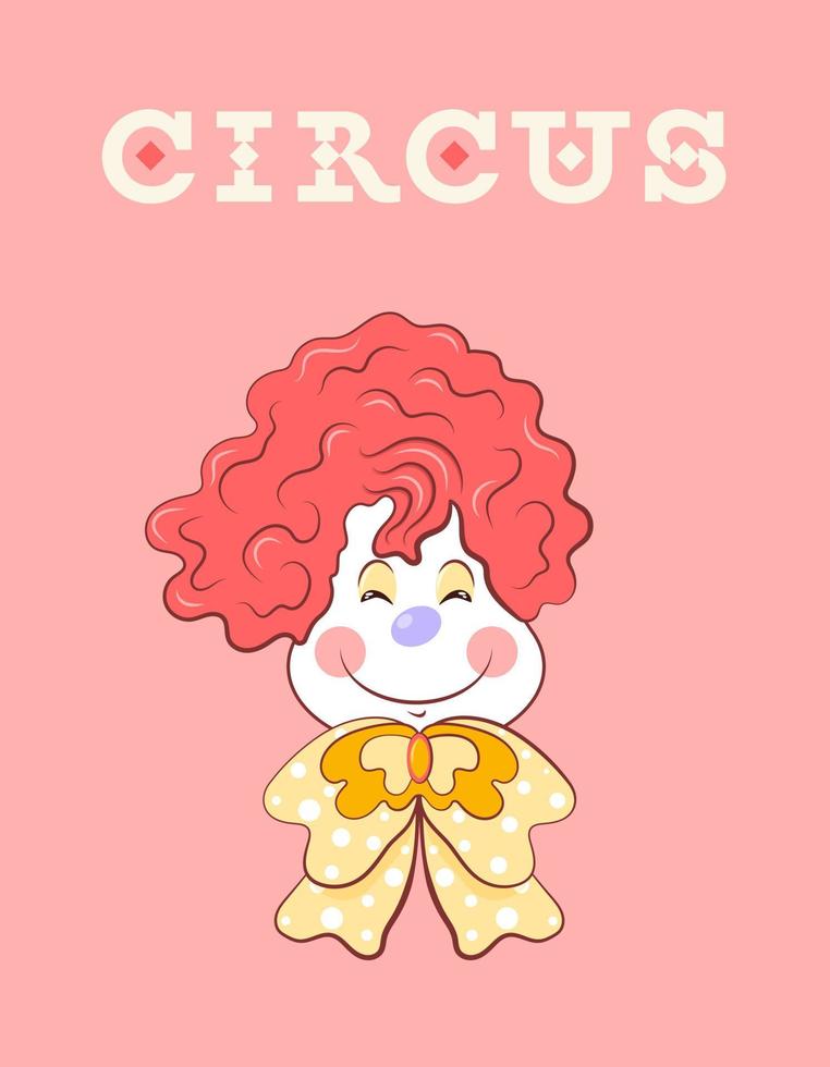 Postcard with Funny Cartoon Clown with a big bow on pink background. Design concept for any use. Vector illustration