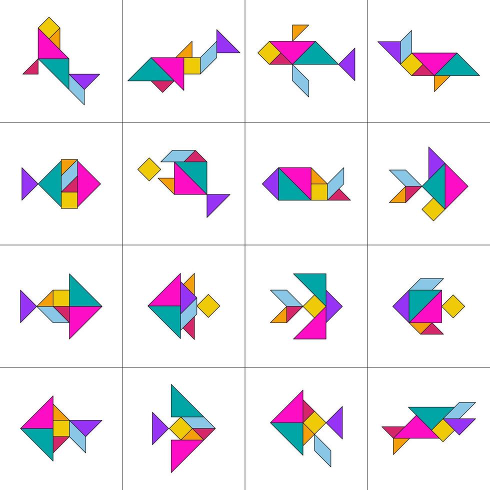 Tangram puzzle. Set of tangram Fish. Jigsaw for kids. Vector set. Vector illustration