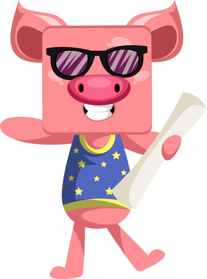 Pig with plans, illustration, vector on white background.