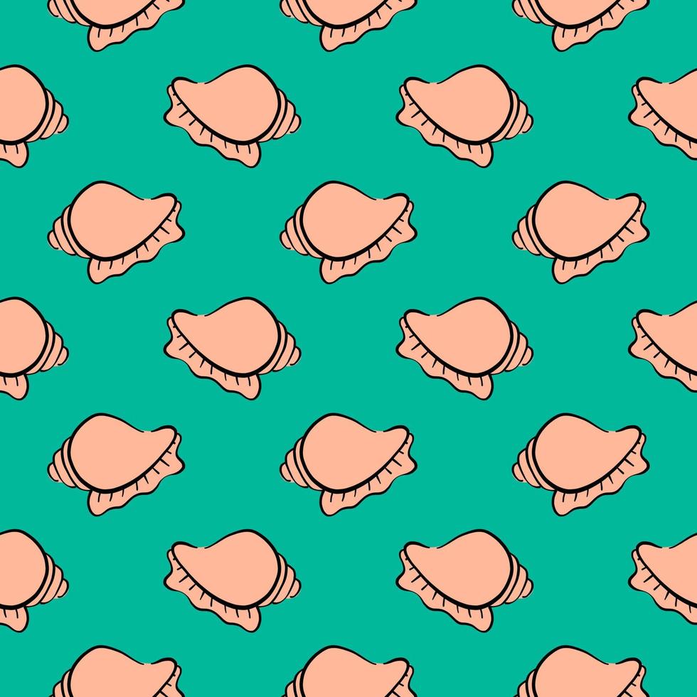 Sea shell, seamless pattern on green background. vector