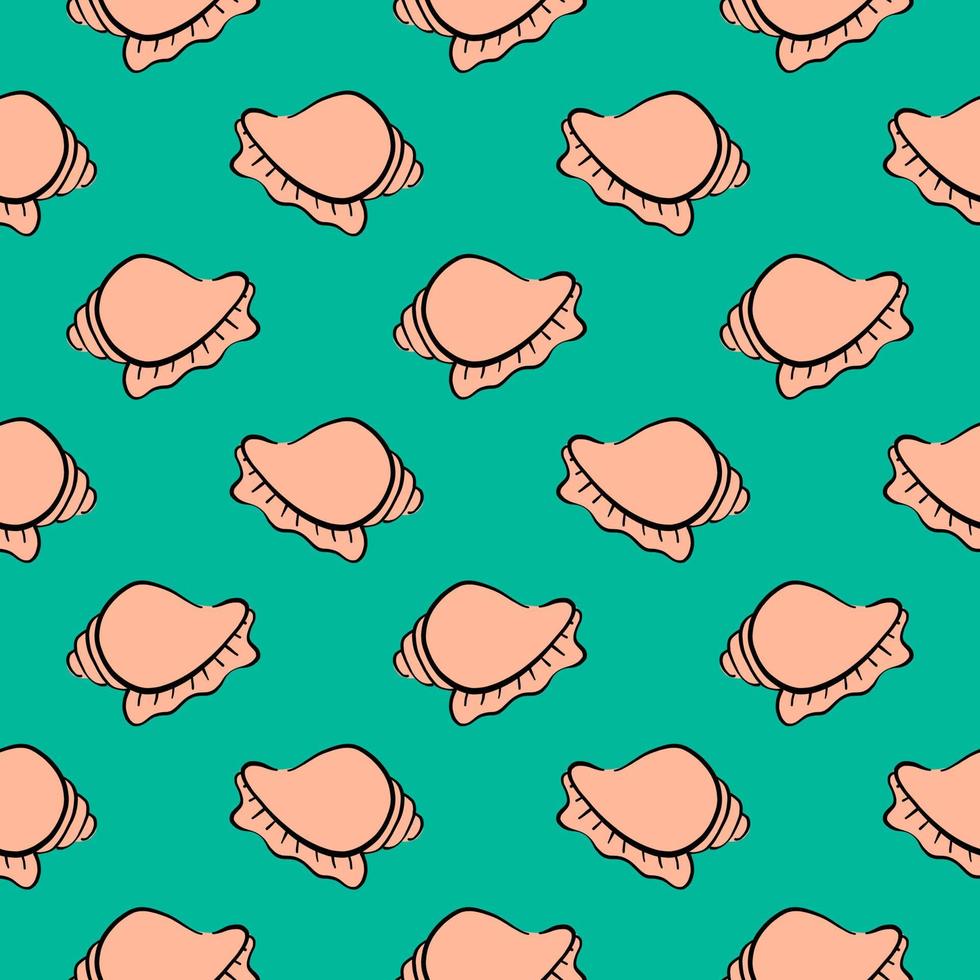 Sea shell, seamless pattern on green background. vector