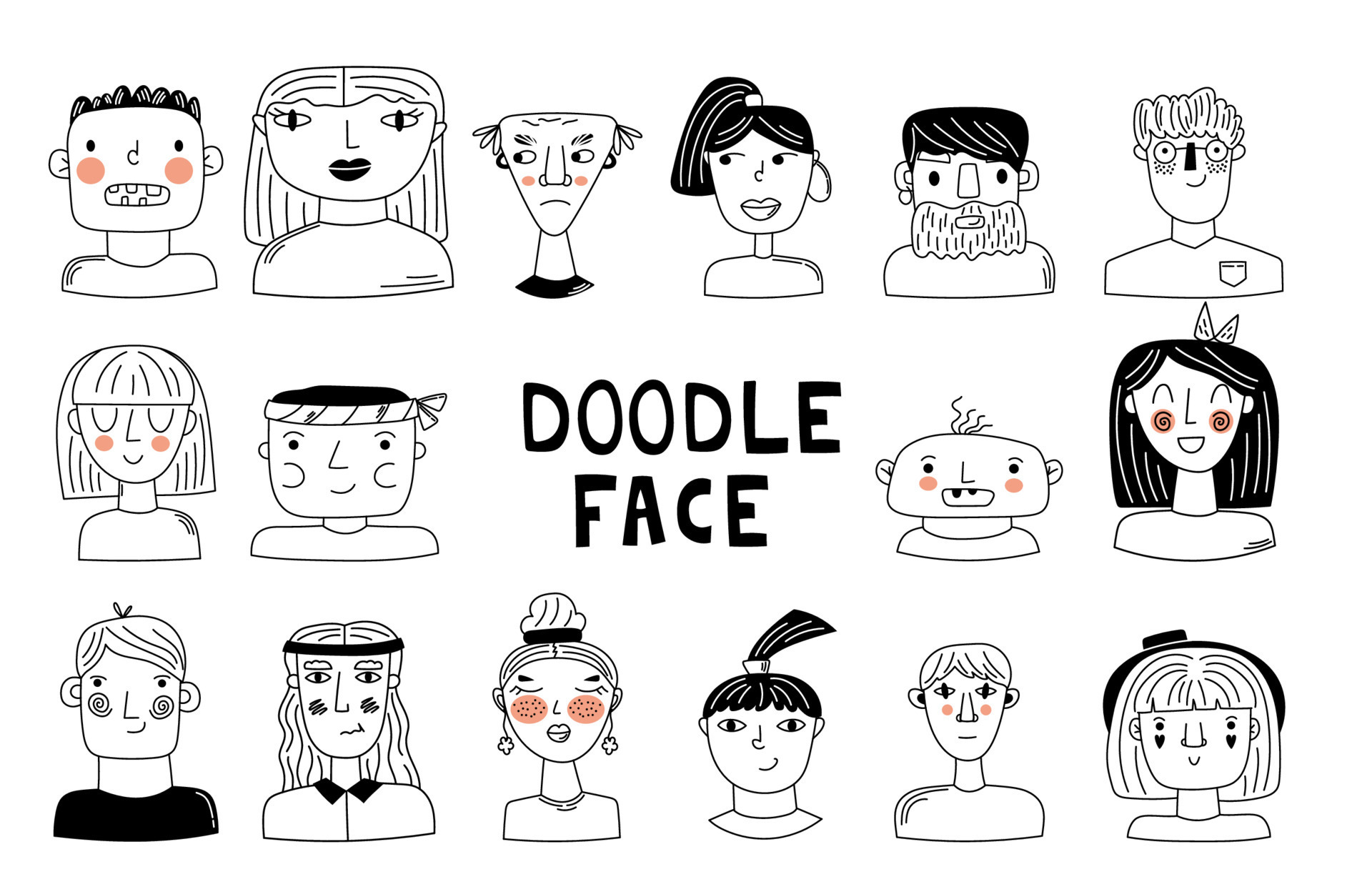 Set Doodle Faces. Black and white Doodle avatars. Vector hand draw