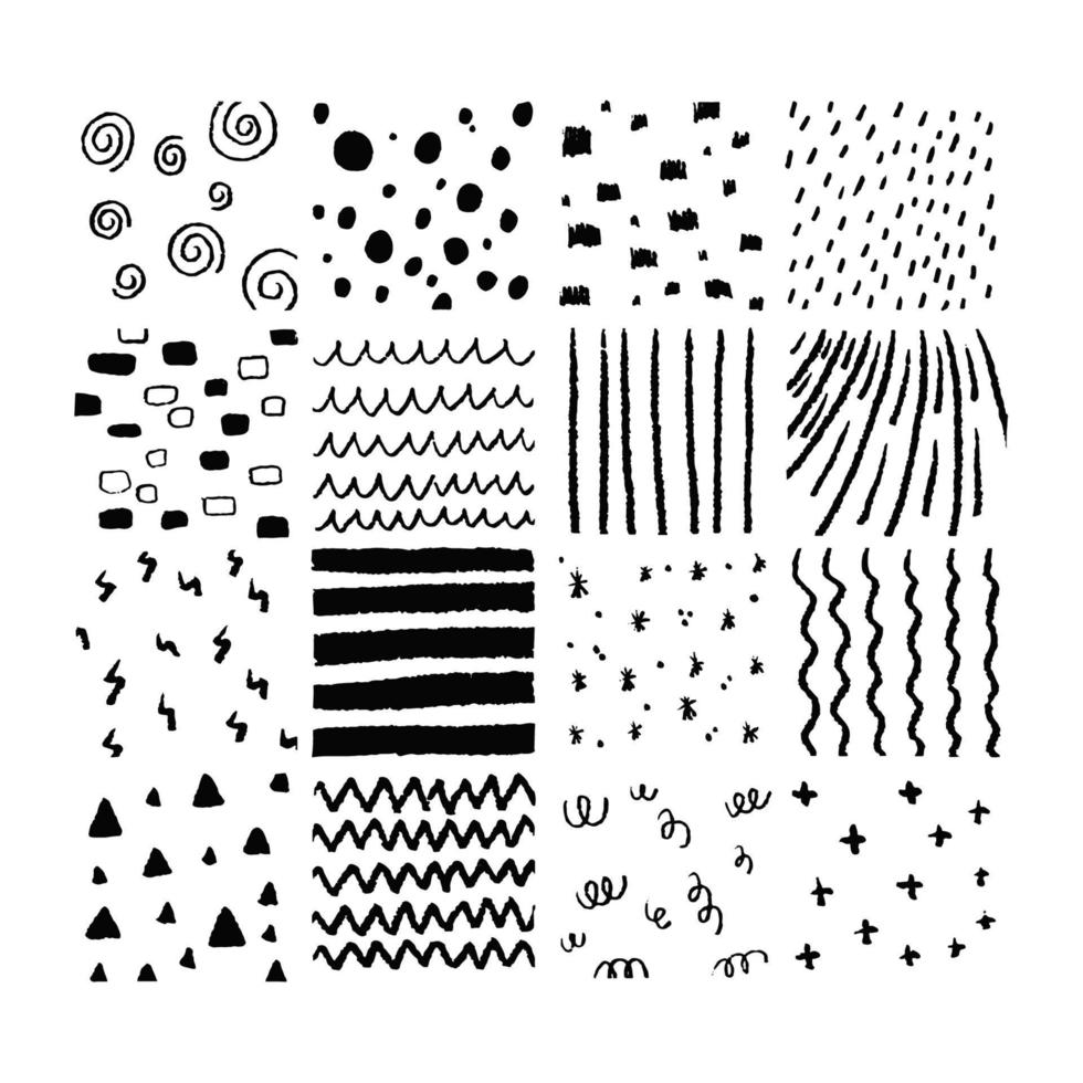 Set of different grunge textures. Vector doodle design drawn by hand. Black ink vector brush strokes