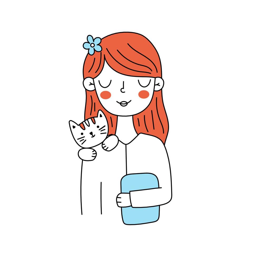 una chica estilizada sostiene una tableta. un veterinario con un gato. ilustración de garabato vectorial vector