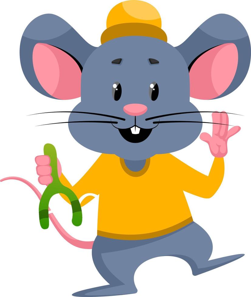 Mouse with sling shot, illustration, vector on white background.
