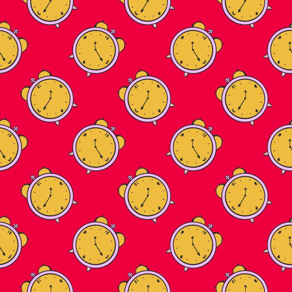 Yellow clock, seamless pattern on red background. vector
