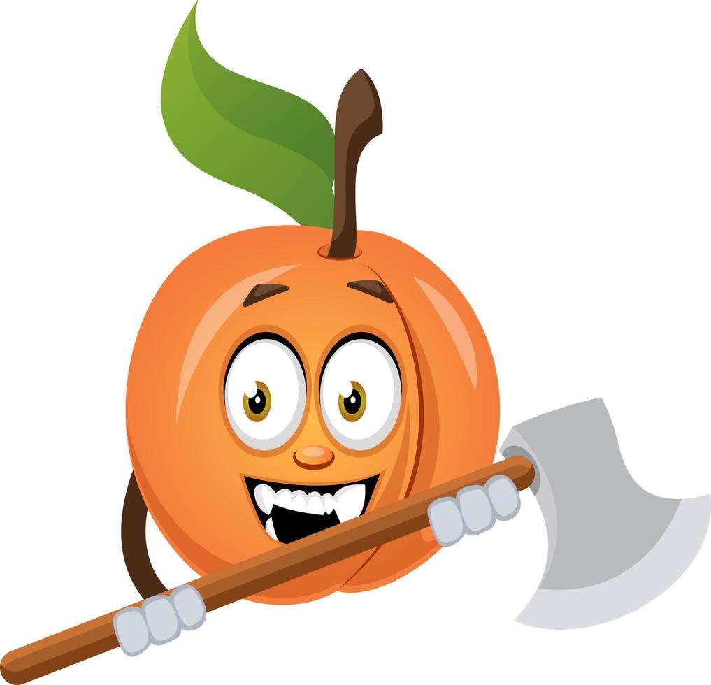 Apricot with axe, illustration, vector on white background.