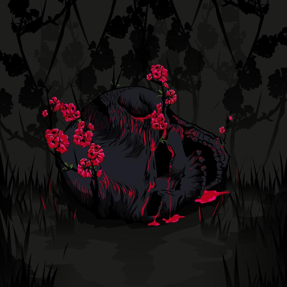 skull with red flowers on dark background with flowers vector