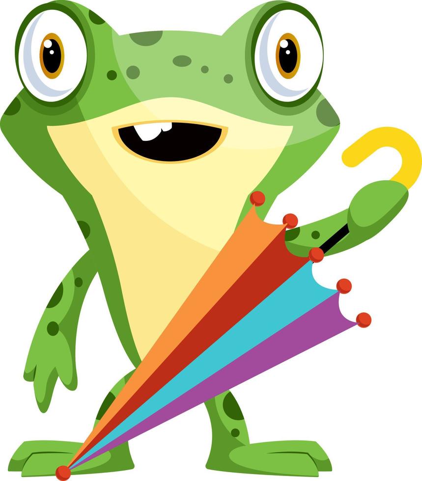 Cheerful, green frog with an umbrella, illustration, vector on white background.