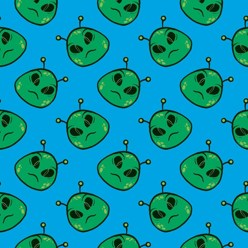 Green alien,seamless pattern on blue background. vector