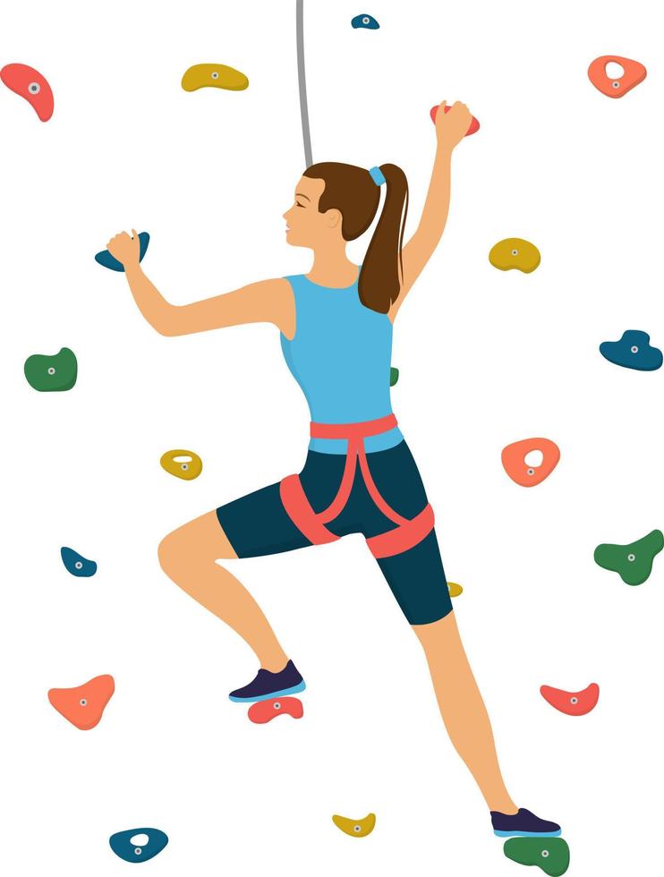 mujer sube a un muro de escalada en un gimnasio de escalada. ilustración de dibujos animados de vector