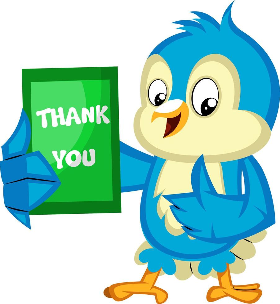 pájaro azul está sosteniendo una tarjeta de agradecimiento, ilustración, vector sobre fondo blanco.