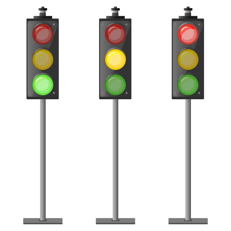 Traffic lights post Set in cartoon style. Red light above green and yellow in between. Colorful vector illustration isolated on white background.