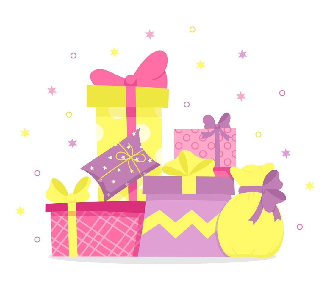 Big pile of colorful wrapped gift boxes with bows. Boxes in wrapping paper different shapes and sizes. Mountain gifts set. Celebrating holidays, giving presents at event. Vector illustration