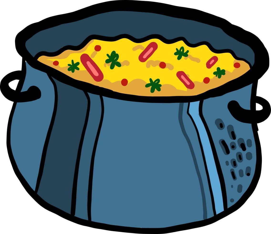 sopa amarilla en una cacerola azul, ilustración, vector sobre fondo blanco